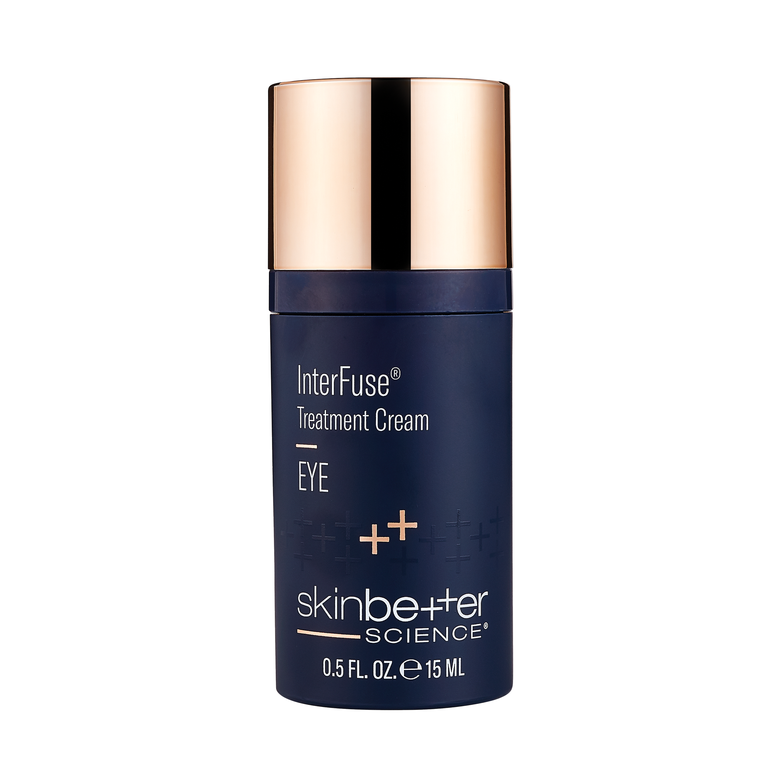 Blue skincare cream bottle with gold cap and label that says 'InterFuse Treatment Cream Eye" by skinbetter science