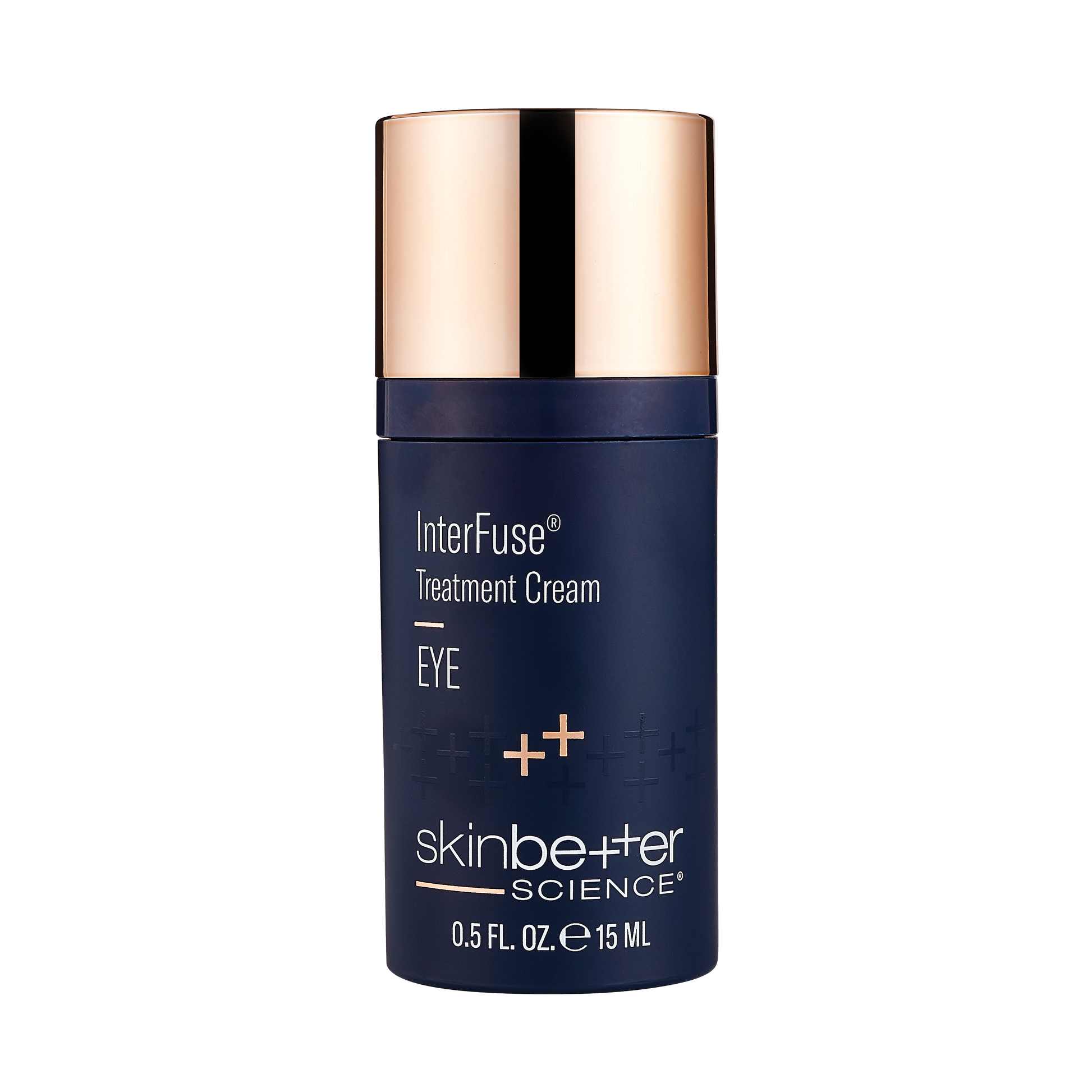 Blue skincare cream bottle with gold cap and label that says 'InterFuse Treatment Cream Eye" by skinbetter science