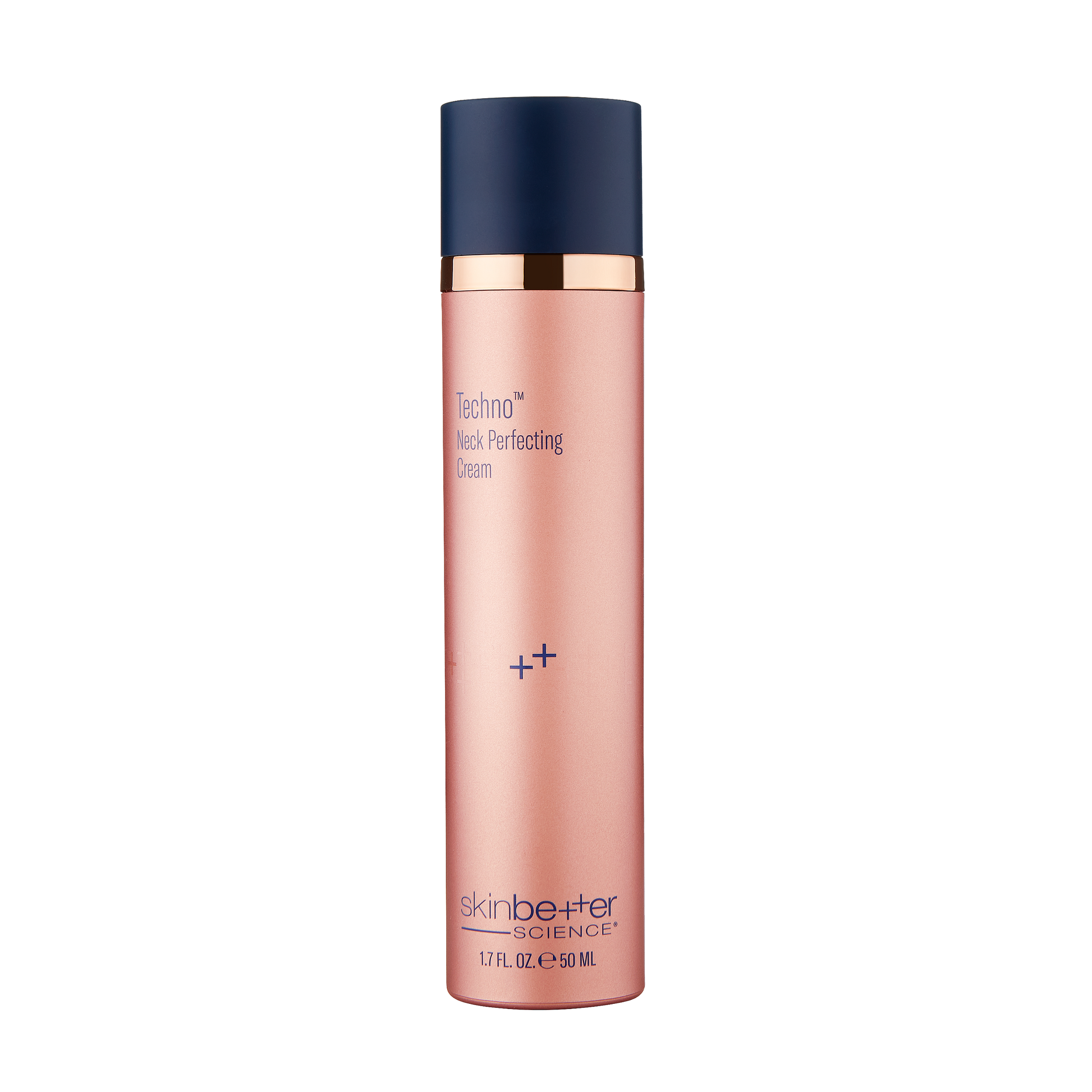 Skincare bottle of skinbetter science Techno Neck Perfecting Cream with blue cap and pink body