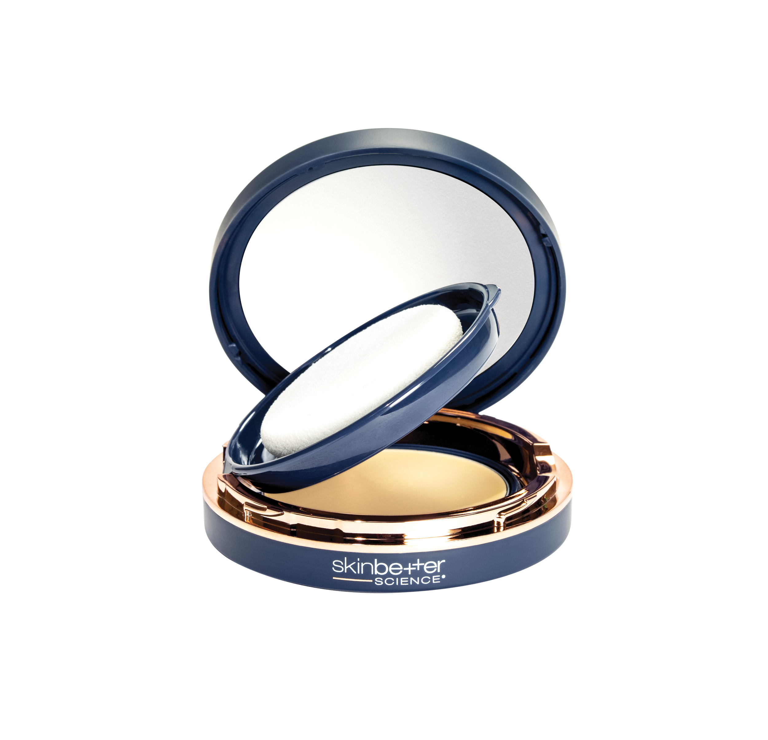 skinbetter science compact sunscreen powder with blue casing and gold base