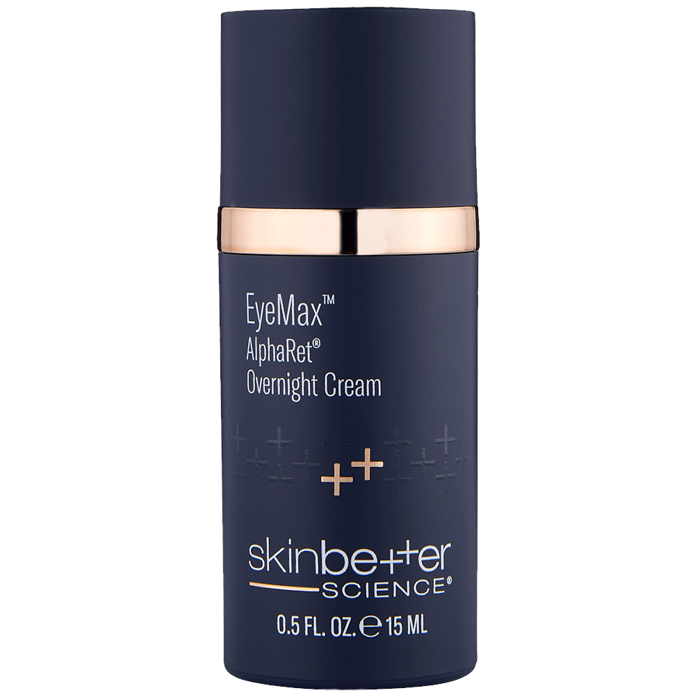 Blue skincare bottle labeled 'EyeMax AlphaRet Overnight Cream' by skinbetter science