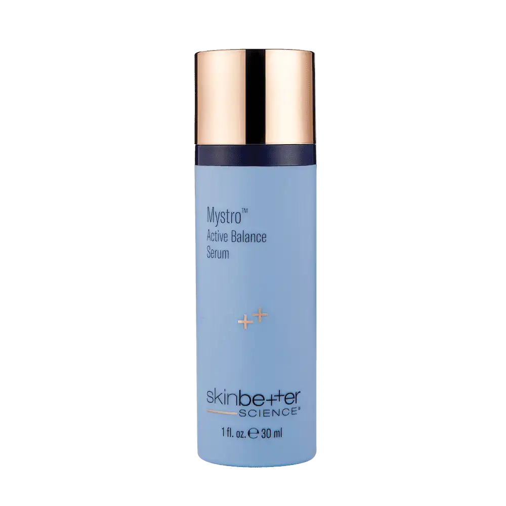 Blue bottle of skinbetter science Mystro Active Balance Serum with gold cap on a white background