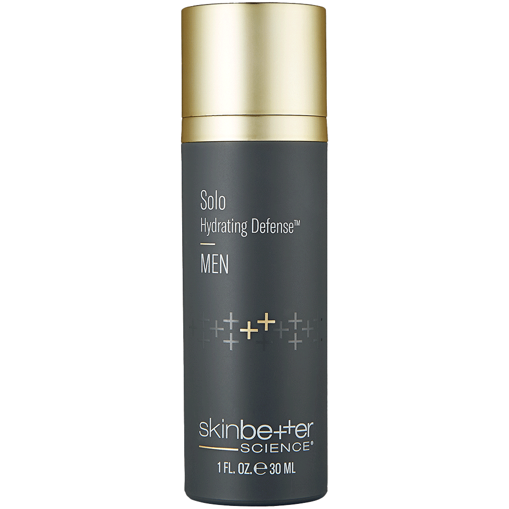 Skincare bottle labeled 'Solo Hydrating Defense Men' by skinbetter science